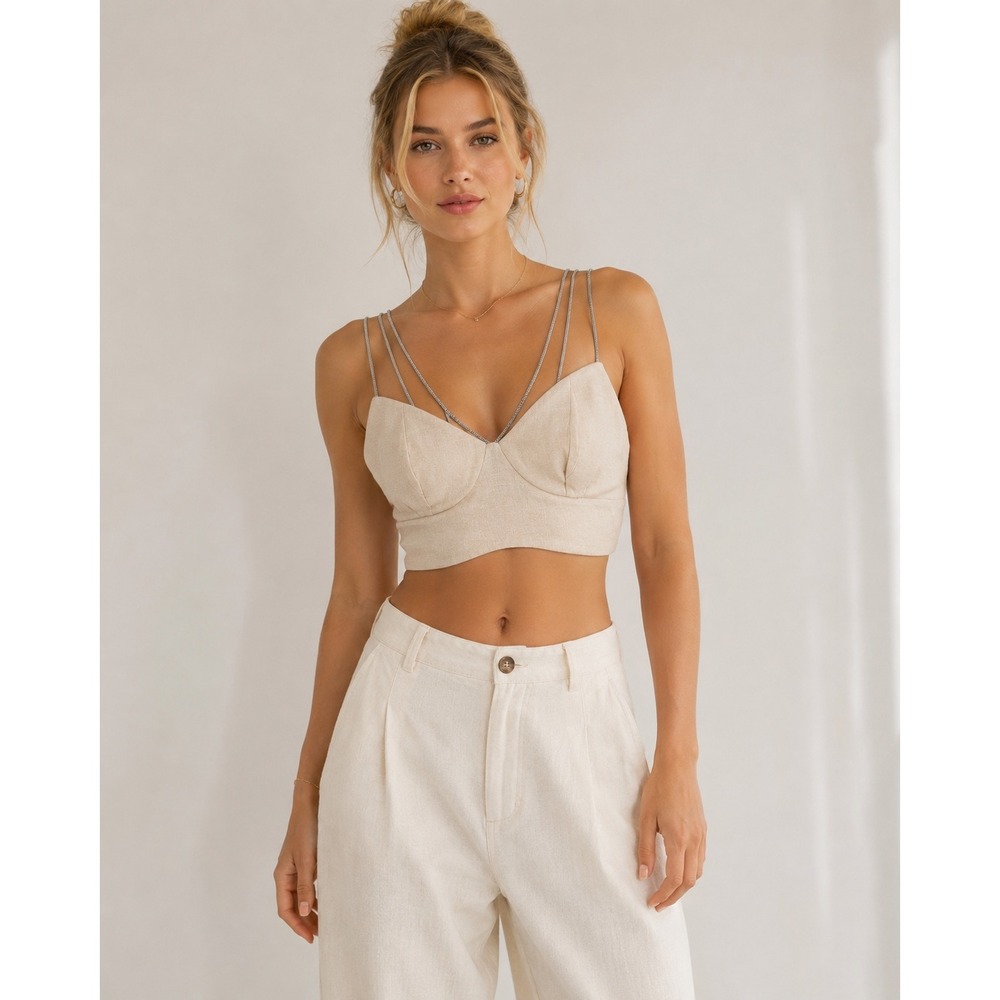 HM Rhinestone Strap Smocked Crop Top Beige Medium Sweetheart Camisole
